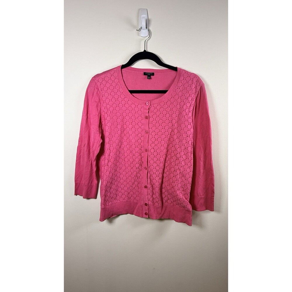 Talbots Petites Pink Open-Knit Button Front Crew Neck Cardigan Sweater - LP